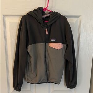 Patagonia Kids Fleece Hoodie in Dark Gray and Light Gray with Pink Accent